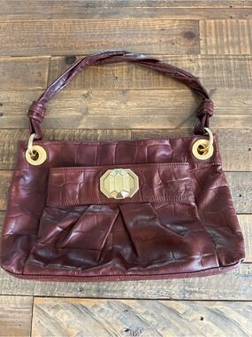 B. Makowsky Brown Leather Croc Embossed Shoulder Bag